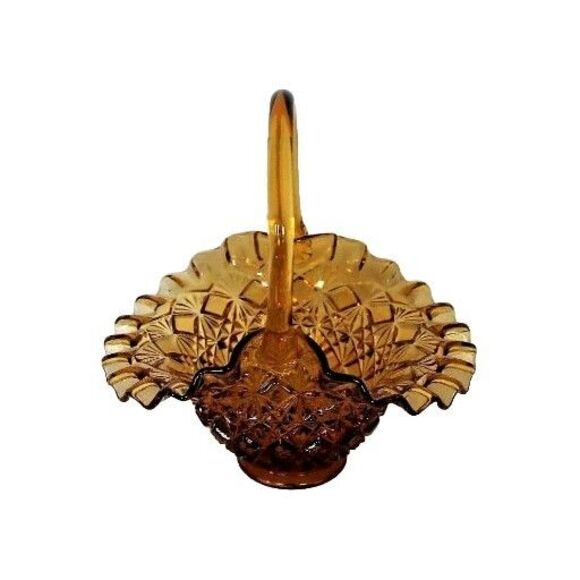 Vintage Amber Glass Small Basket Diamond Cut Ruffled Edge - Picture 3 of 9
